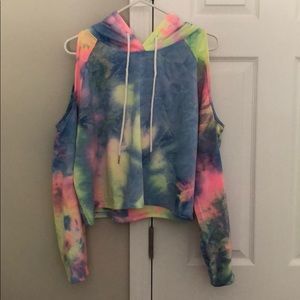 NWOT tie dye cropped, cold shoulder hoodie/shirt
